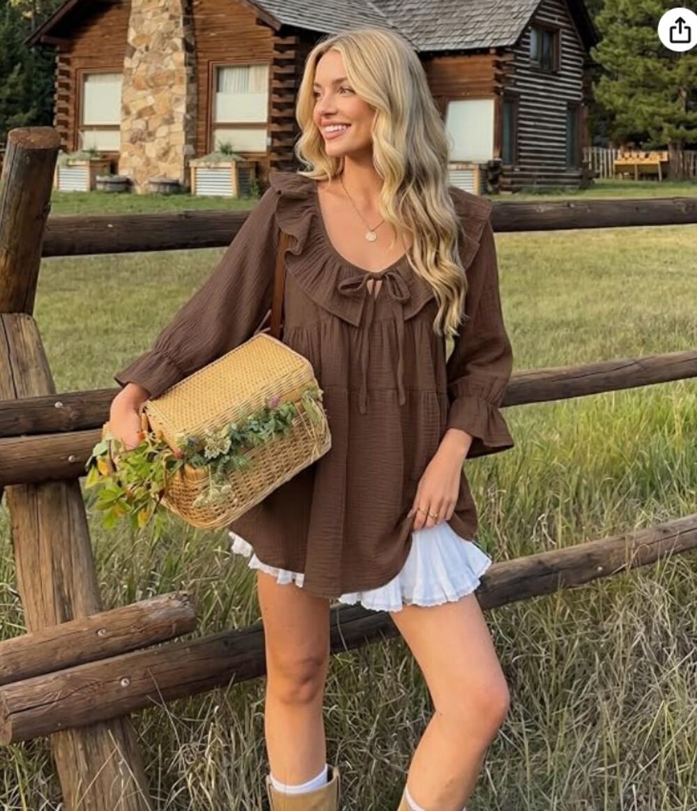 ZESICA XL Cocoa Brown Crinkle Gauze Babydoll Boho Ruffle Neck Blouse
